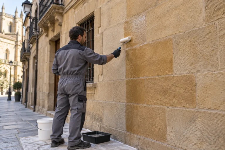 Operario aplicando con rodillo un protector antigrafiti transparente sobre un muro de piedra recién limpiado