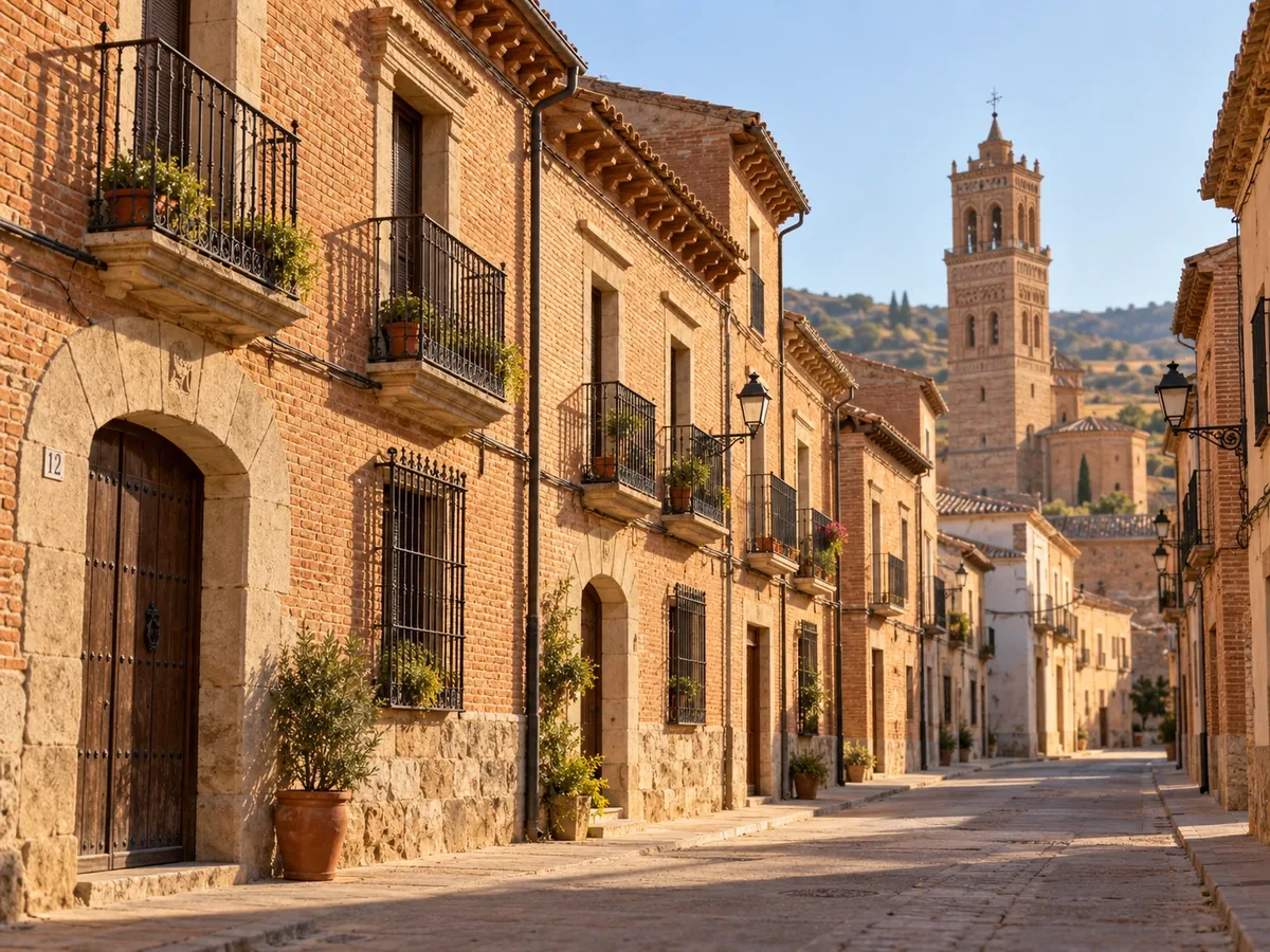 Calle con casas de ladrillo caravista, portadas de piedra, rejas de hierro y una torre de iglesia de estilo mudéjar al fondo