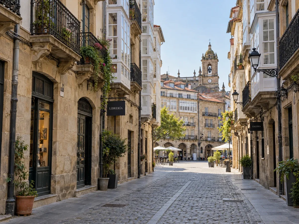 Calle peatonal de un casco antiguo con fachadas de piedra, balcones de hierro forjado y miradores blancos que se abre a una plaza