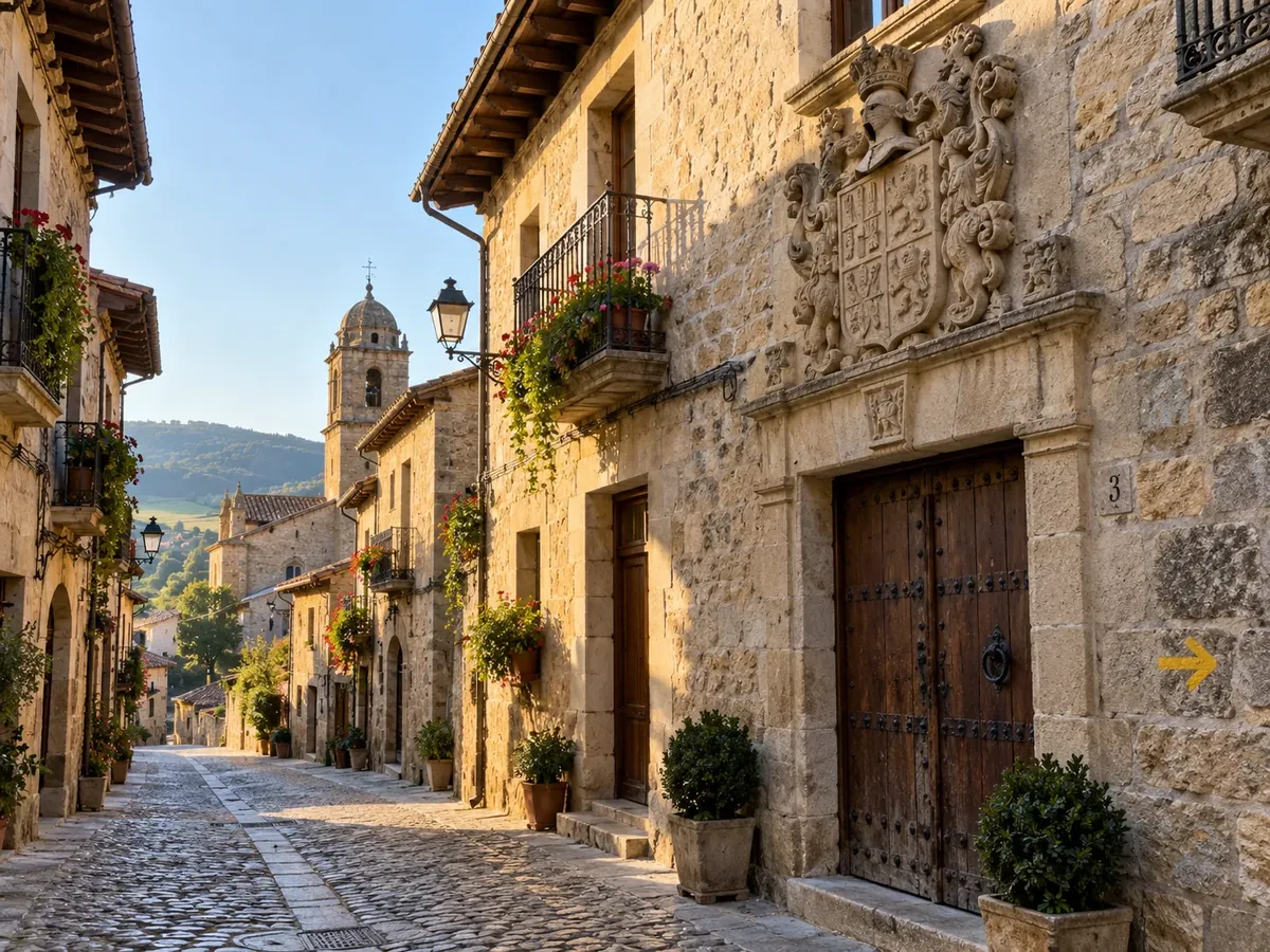 Calle empedrada con una casa señorial de sillería, escudo heráldico de piedra sobre la puerta y una flecha amarilla del Camino de Santiago