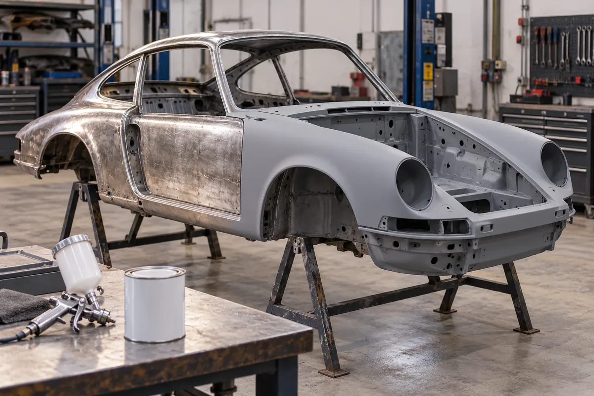 Carrocería de un coche clásico sobre caballetes en un taller: la parte delantera con imprimación epoxi gris y la trasera en metal desnudo