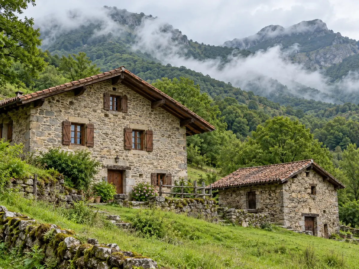 Casa tradicional de piedra con contraventanas de madera y una borda de piedra en un valle verde de montaña
