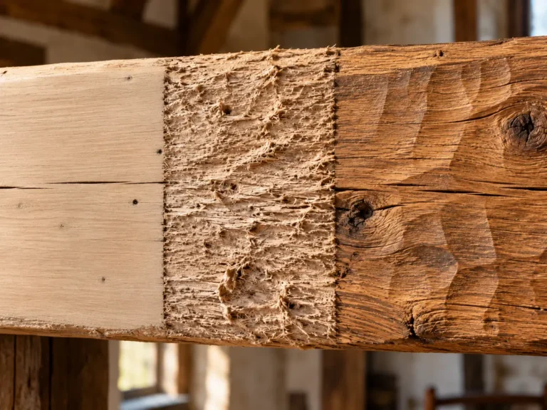 Comparativa sobre una viga antigua: madera lijada, madera dañada por chorro de arena y madera limpia con láser