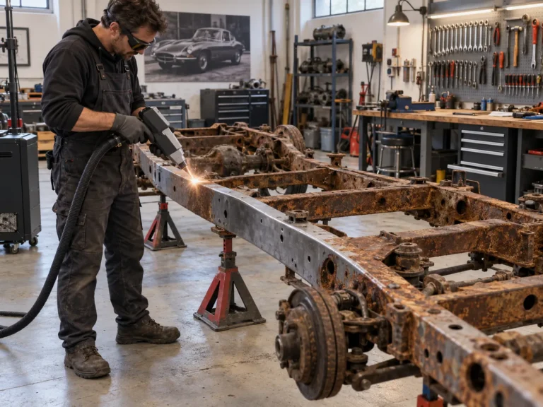 Eliminación con láser del óxido del chasis de un coche clásico en un taller de restauración