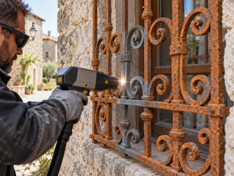 Eliminación con láser del óxido de una reja de hierro forjado en una casa de piedra