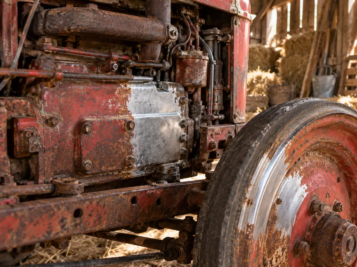 Tractor antiguo con una zona del motor y la llanta ya limpias de óxido
