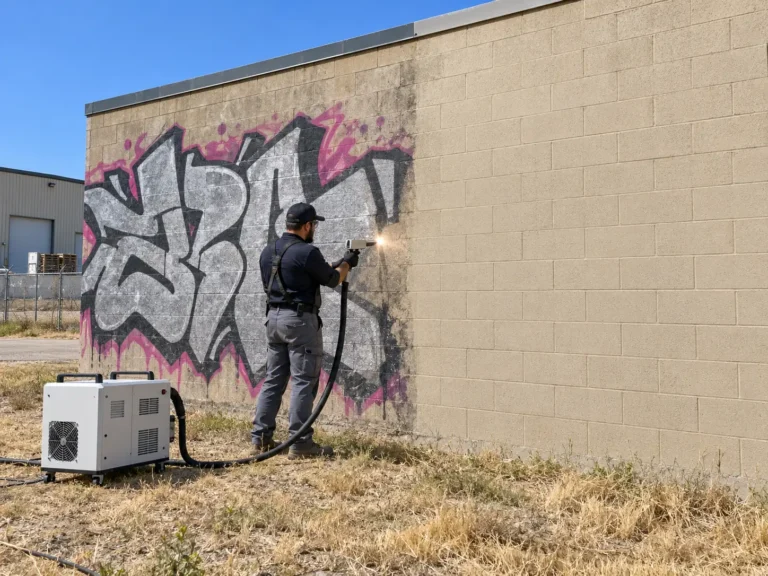 Operario eliminando con láser un grafiti de un muro de bloque de hormigón de una nave industrial