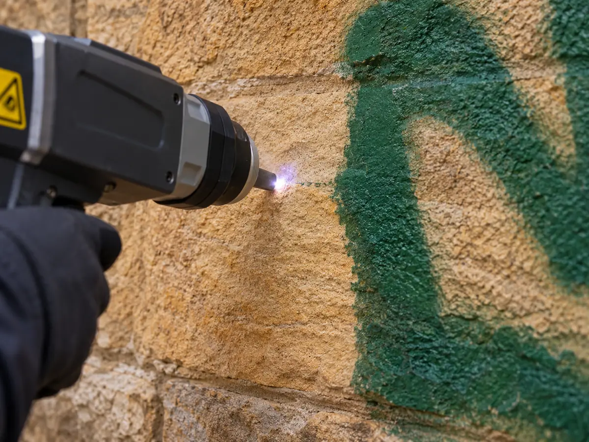 Pistola láser borrando una pintada verde sobre piedra arenisca sin dejar sombra