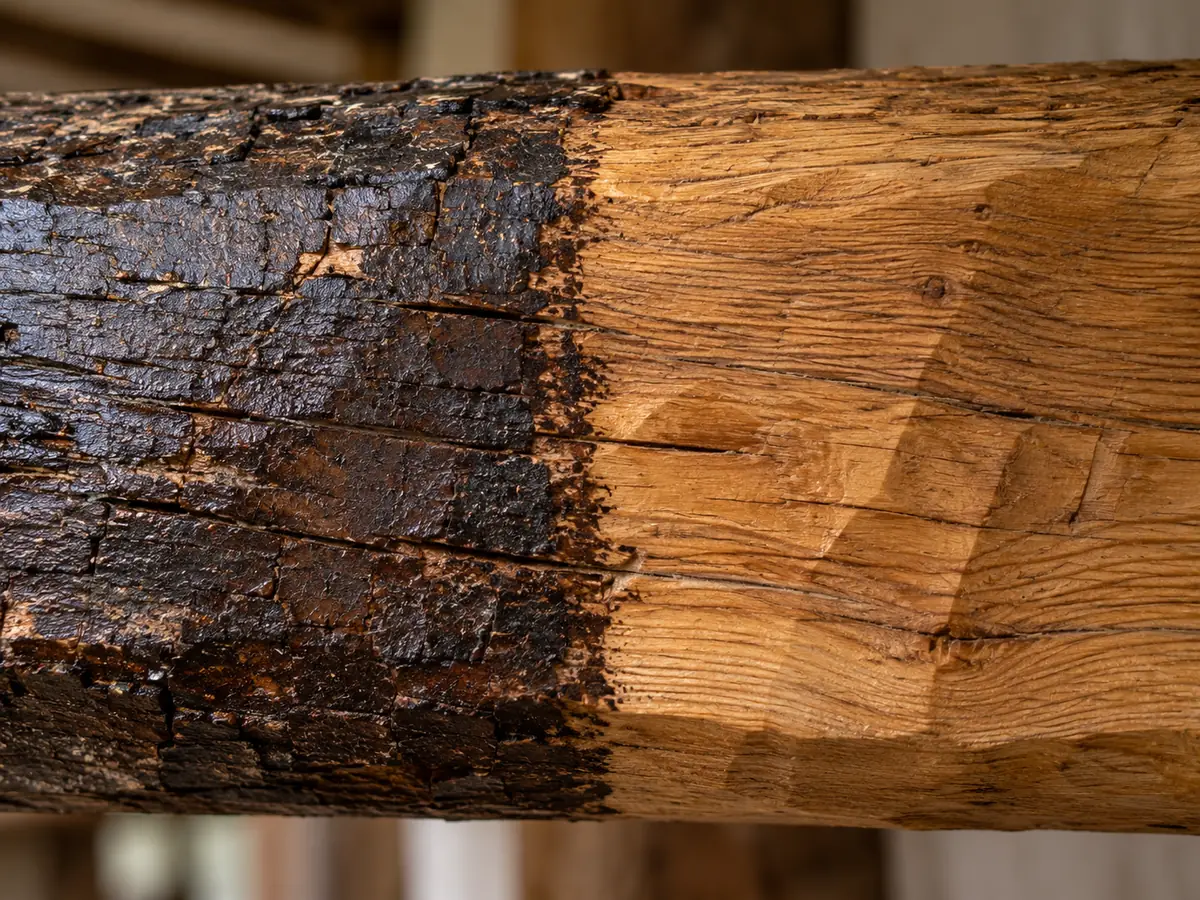 Viga de madera antigua: mitad con barniz oscuro y mitad limpia mostrando la veta natural