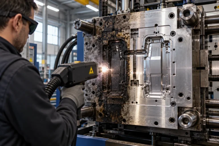 Limpieza láser de un molde de inyección de acero en una nave industrial