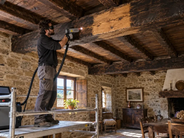 Operario limpiando con láser una viga de madera antigua en el techo de una casa rústica de piedra