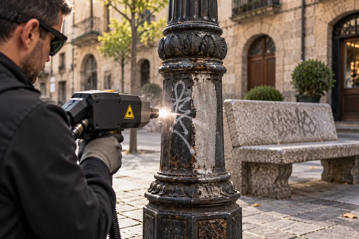 Limpieza láser de una pintada en una farola de hierro fundido de un casco antiguo