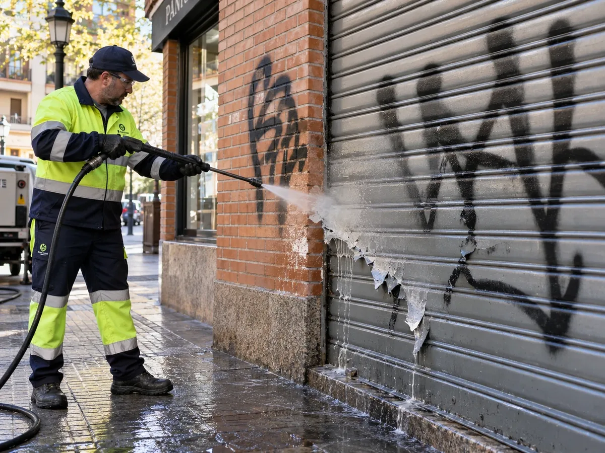 Operario retirando con agua caliente a presión una pintada de una persiana metálica protegida con antigrafiti; la pintura se desprende en láminas