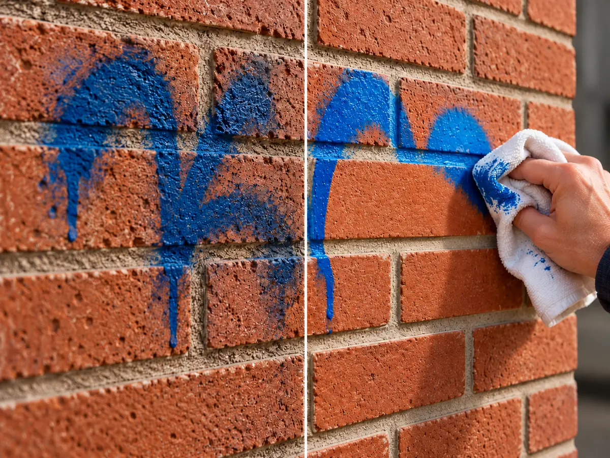 Pared de ladrillo con protección antigrafiti: la pintada sale con un paño sin dejar marca