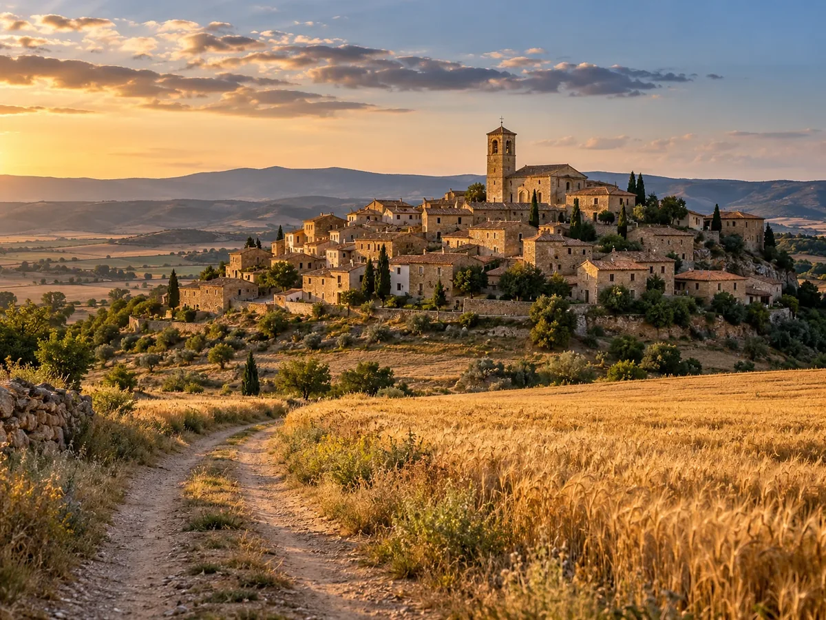 Pueblo medieval de casas de piedra sobre un cerro, rodeado de campos de cereal al atardecer