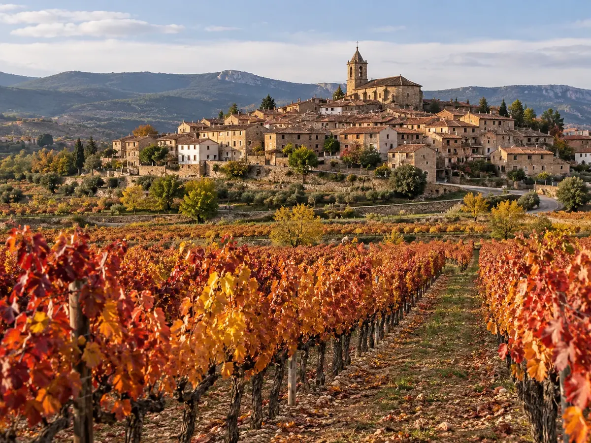 Viñedo en otoño frente a un pueblo de casas de piedra con una iglesia en lo alto de una colina